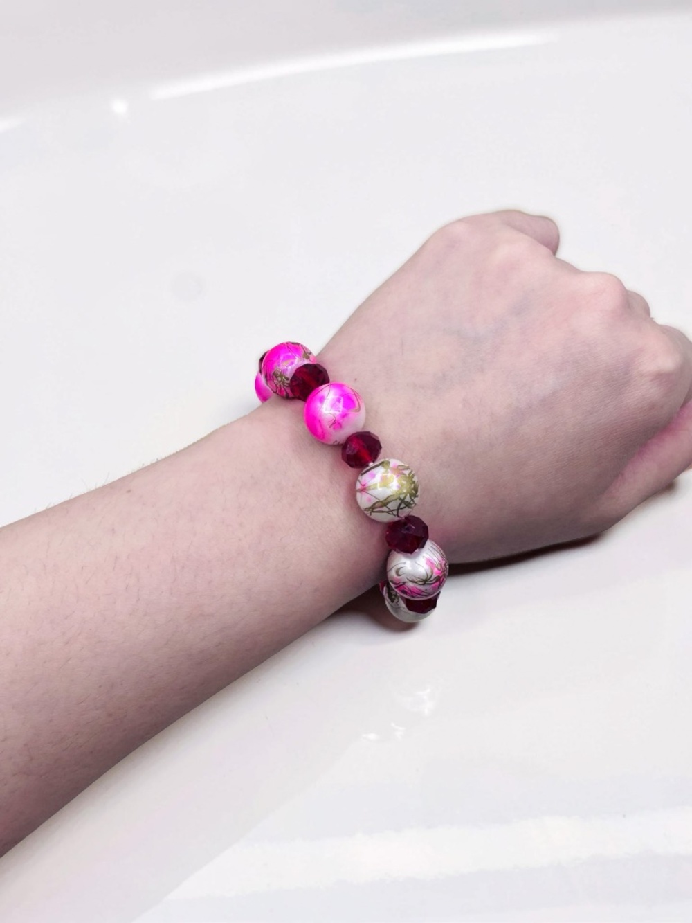 Handmade Pink & Red Beaded Stretch Bracelet | Statement Chunky Beads - Picture 3 of 4